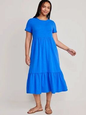 ON Short Sleeve Tiered MIDI Dress Crayon Blue Comfortable Stretch Pockets